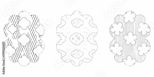 Tree canopy silhouettes three variations line drawing on white background