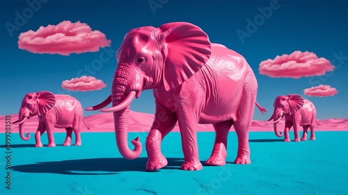 A surreal illustration of pink elephants standing in a vibrant blue landscape with clouds