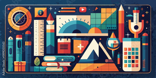 Flat of drafting tools and geometric shapes on dark blue background