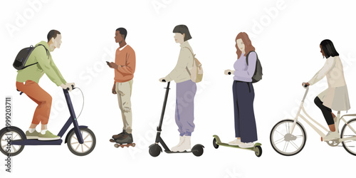 People commuting with scooters and bicycles flat vector illustration