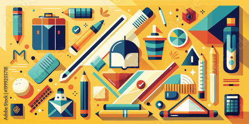 Flat of school supplies and stationery on yellow background