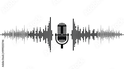 Vintage microphone with sound wave audio frequency