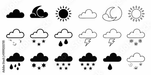 Weather icons set black and white vector symbols on white background
