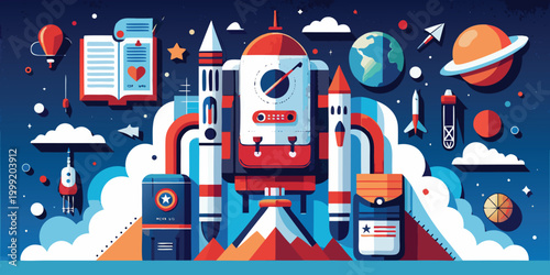 Rocket ship launching over mountains with space and planets