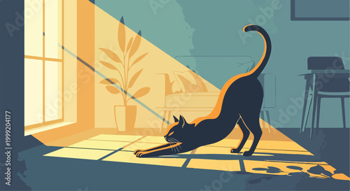 A cat stretches on a tiled floor in a room with sunlight