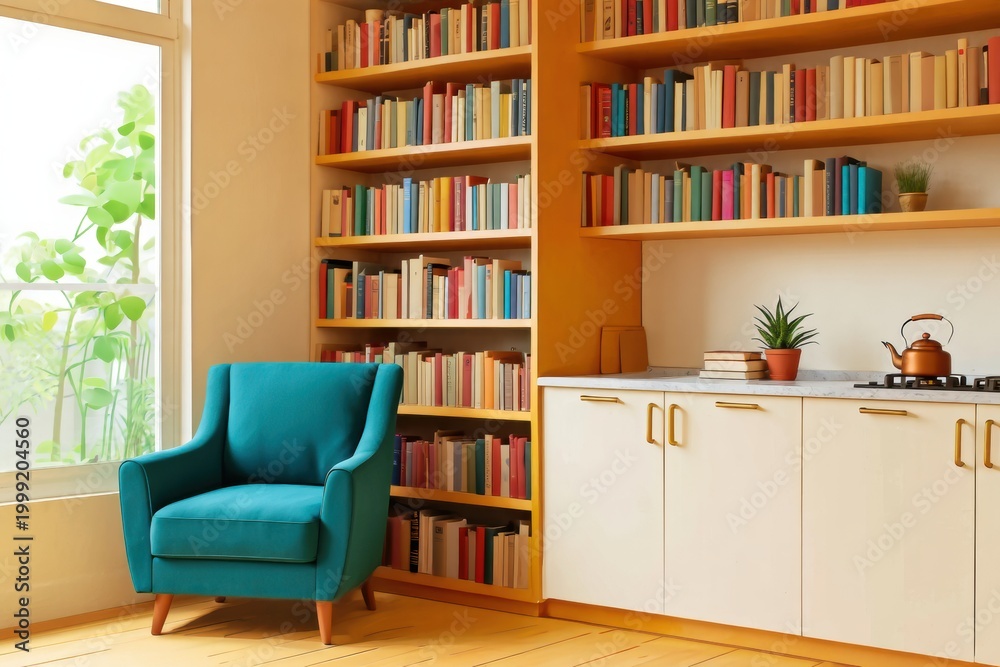 Fototapeta premium Cozy Reading Nook with Bookshelf and Armchair
