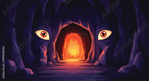 A cave entrance with glowing eyes and fire