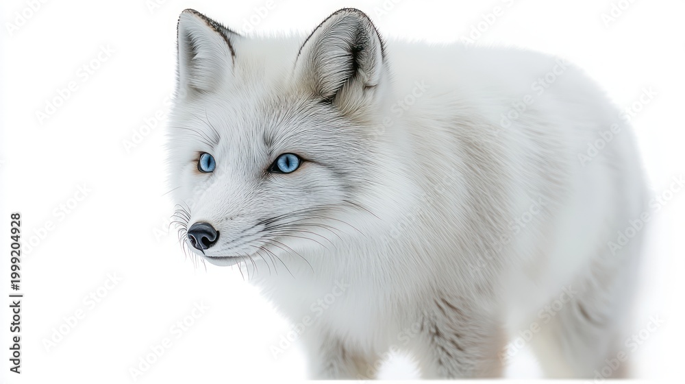 Fototapeta premium white arctic fox with striking blue eyes, soft fluffy fur and alert curious expression on a bright white background
