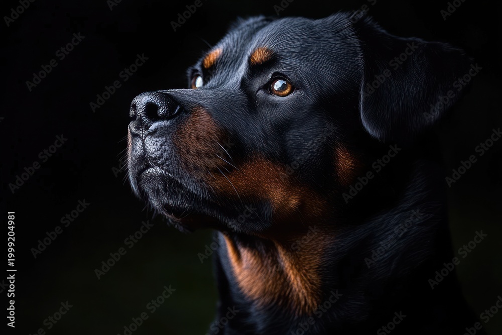 Obraz premium close-up portrait of a black and tan dog looking upward with a calm, noble expression and glossy fur against a dark background