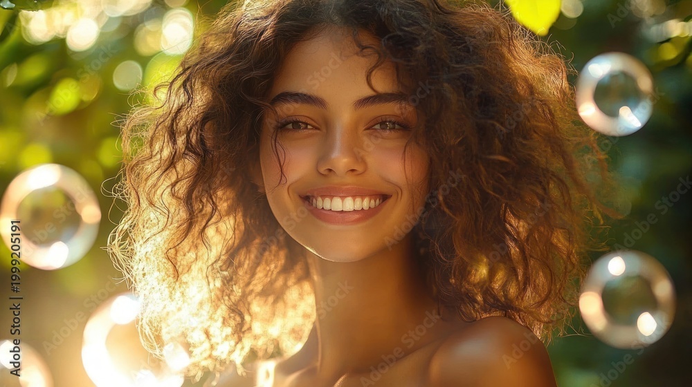 Fototapeta premium Backlit woman with curly hair surrounded by floating soap bubbles in warm golden sunlight, playful serene outdoor moment