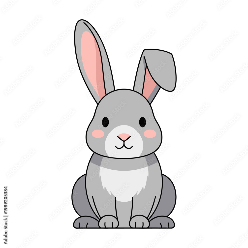 Obraz premium Cute Cartoon Gray Rabbit Sitting Front View Isolated on White Background