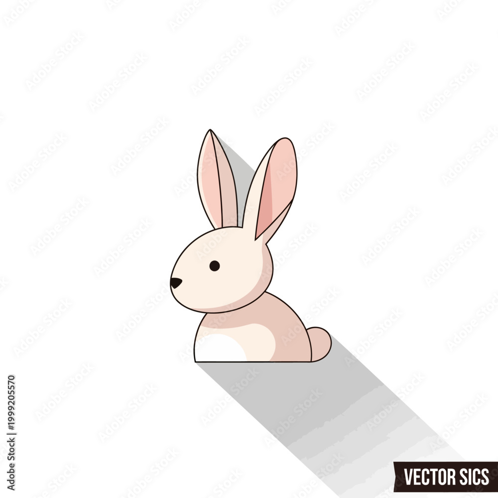 Obraz premium Cute cartoon rabbit illustration with long shadow, isolated on white background