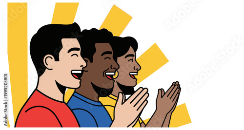 Three people clapping hands in profile cartoon illustration on transparent background