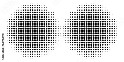 Set of halftone dots gradient pattern texture isolated on white background. Straight dotted spots using halftone circle dot raster texture.