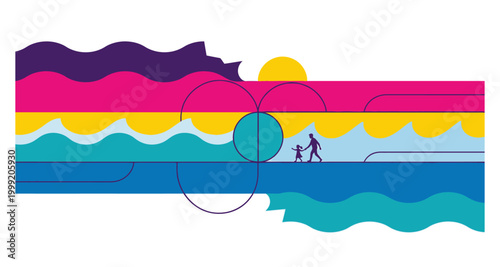 Abstract landscape with family silhouette on transparent background