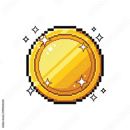 Bild auf Leinwand A vibrant gold pixel art coin sparkles with brilliant highlights and a bold black outline, serving as a classic retro gaming icon