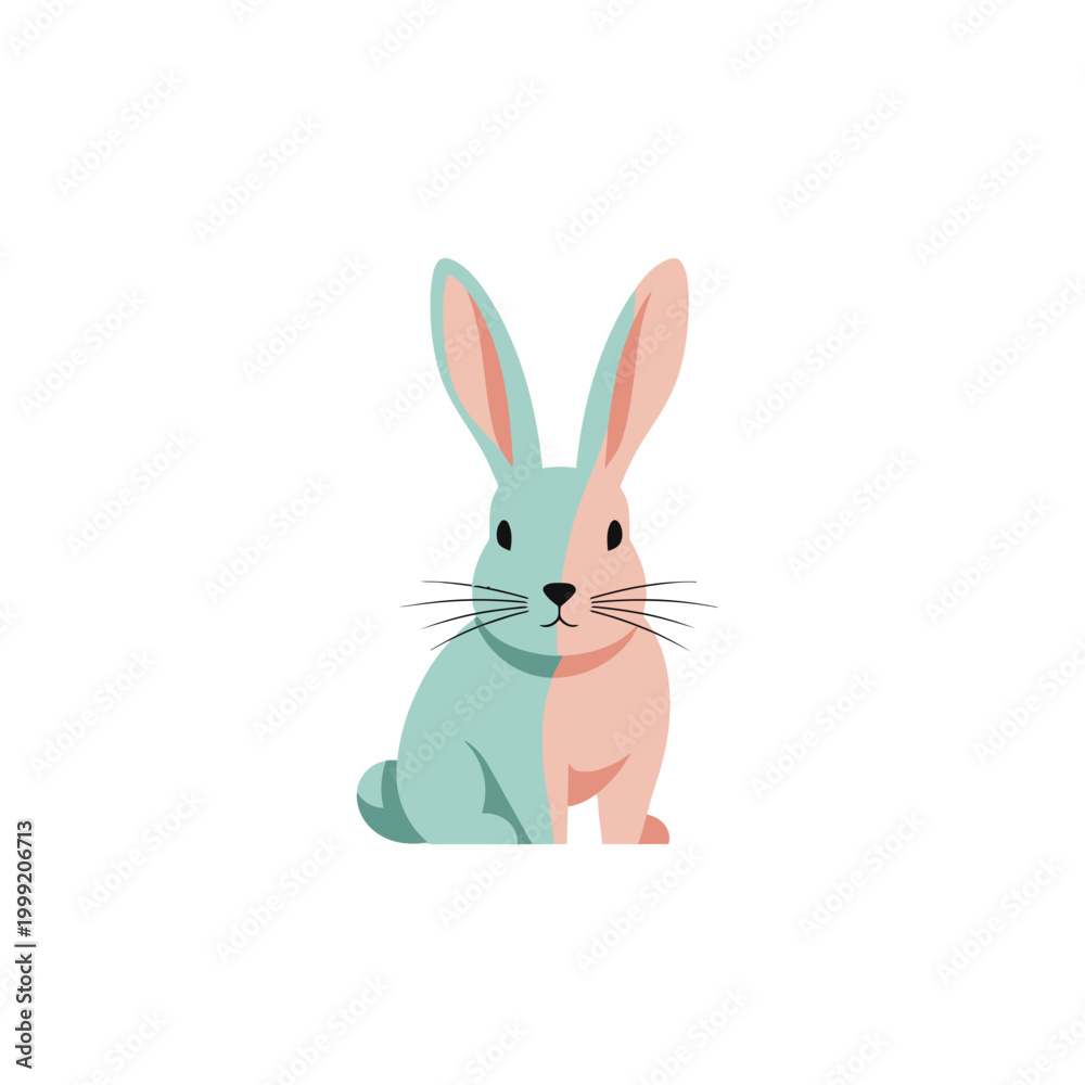 Fototapeta premium Cute Two-Tone Rabbit Illustration, Pastel Colors, Sitting Pose, White Background