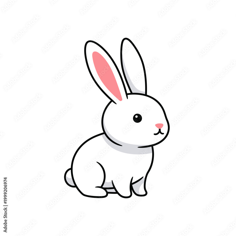 Fototapeta premium Cute White Rabbit Cartoon Illustration, Adorable Bunny with Pink Ears, Isolated on White Background