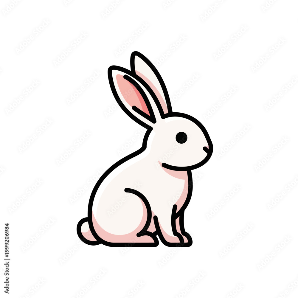 Obraz premium Cute White Rabbit Illustration, Simple Flat Design, Easter Bunny Icon, Isolated on White Background