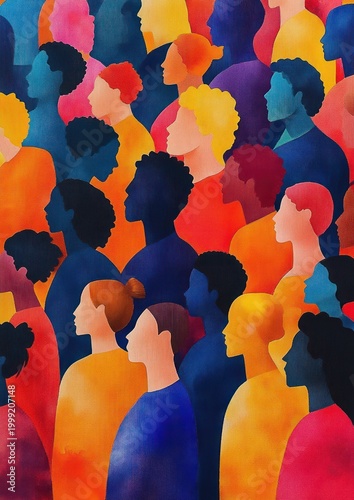 Vibrant crowd of diverse side-profile silhouettes in warm and cool tones, overlapping figures conveying unity, contemplation and communal energy