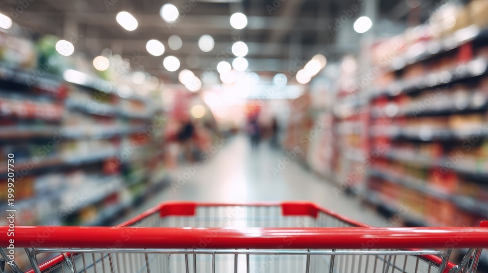 Fototapeta premium Supermarket aisle blur with shopping cart foreground, grocery store interior