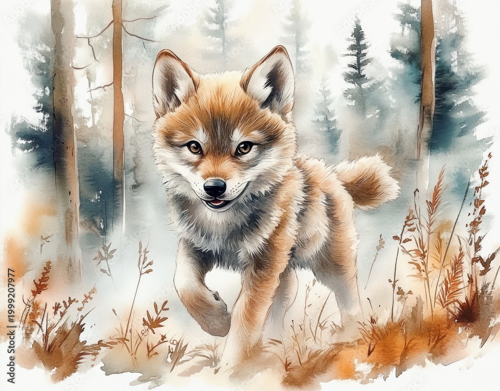 Fototapeta premium playful fox cub bounding through a misty pine forest with curious bright eyes and fluffy fur in a soft watercolor scene