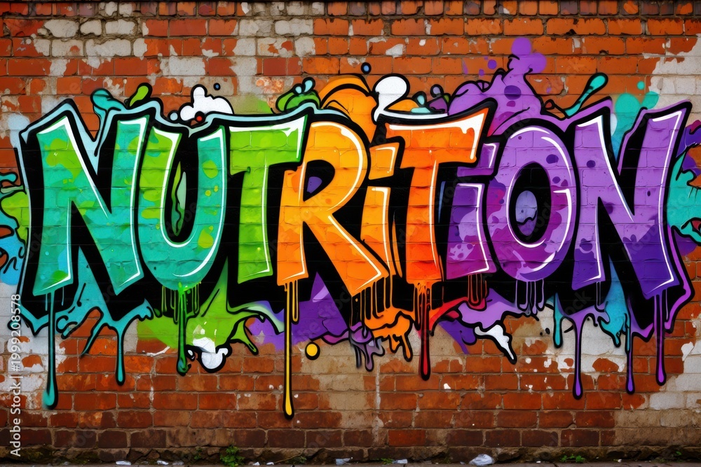 Fototapeta premium Vibrant Graffiti Art: The Word Nutrition Sprayed on Brick Wall