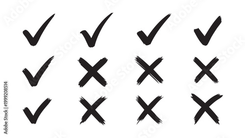 Hand-drawn checkmarks and crosses on white background with brush stroke checkmark incorrect decision selection rejection