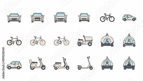 Collection of various transportation vehicles including cars, bicycles, scooters, and rickshaws.