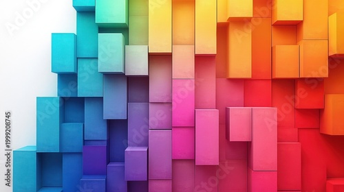 vibrant staggered 3d rectangular blocks in rainbow gradient forming an energetic playful abstract geometric wall