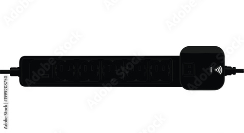 Black soundbar speaker system with wireless subwoofer on white background, modern home audio equipment setup for music and movies