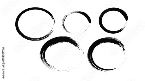 Group of black ink brush circle outlines various sizes and completeness brush stroke hand drawn abstract isolated