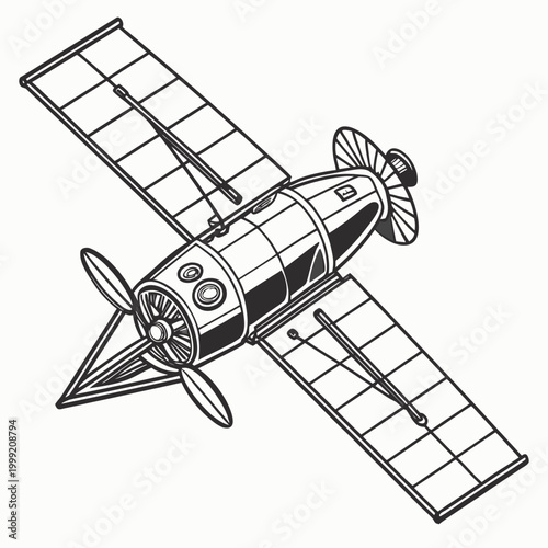 Line art illustration of a solar powered drone boat with propellers