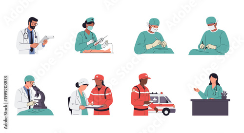 Medical team of doctors and nurses performing procedures.