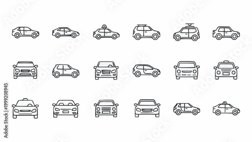 Set of various car icons in outline style, showcasing different vehicle types and perspectives.