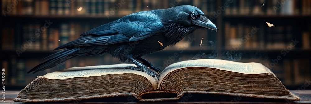 Naklejka premium solemn black raven perched on an open ancient book in a dim library with drifting pages and pale mist, evoking a mysterious and contemplative mood