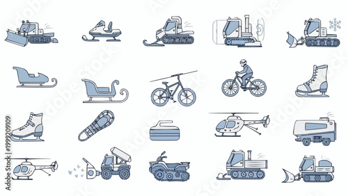 Collection of various transportation and winter sports equipment illustrations.