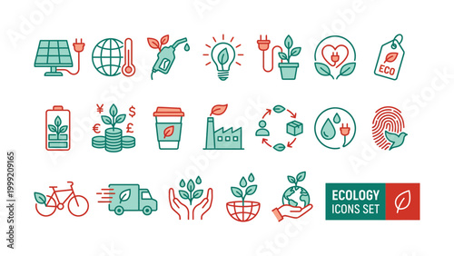 Ecology icons set with green and red graphics on white background for eco friendly concepts
