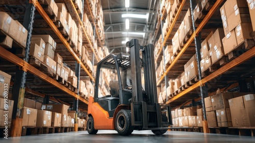 An orange forklift sits in a wide warehouse aisle lined with shelves stacked high with cardboard boxes