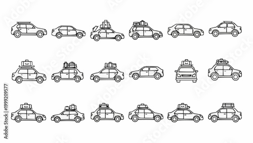 Collection of hand-drawn cars with luggage on roof racks, ready for travel.