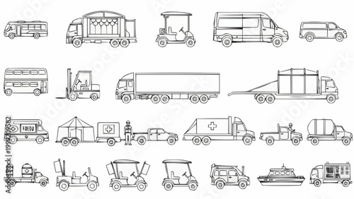 Diverse collection of hand drawn vehicle illustrations showcasing various modes of transport.
