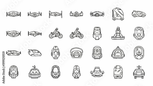 Bilde på lerret Futuristic Transport Vehicles and Drones Hand Drawn Outline Set.
