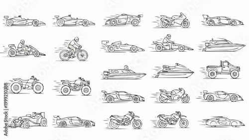 Dynamic collection of hand-drawn vehicles showcasing speed and motion.