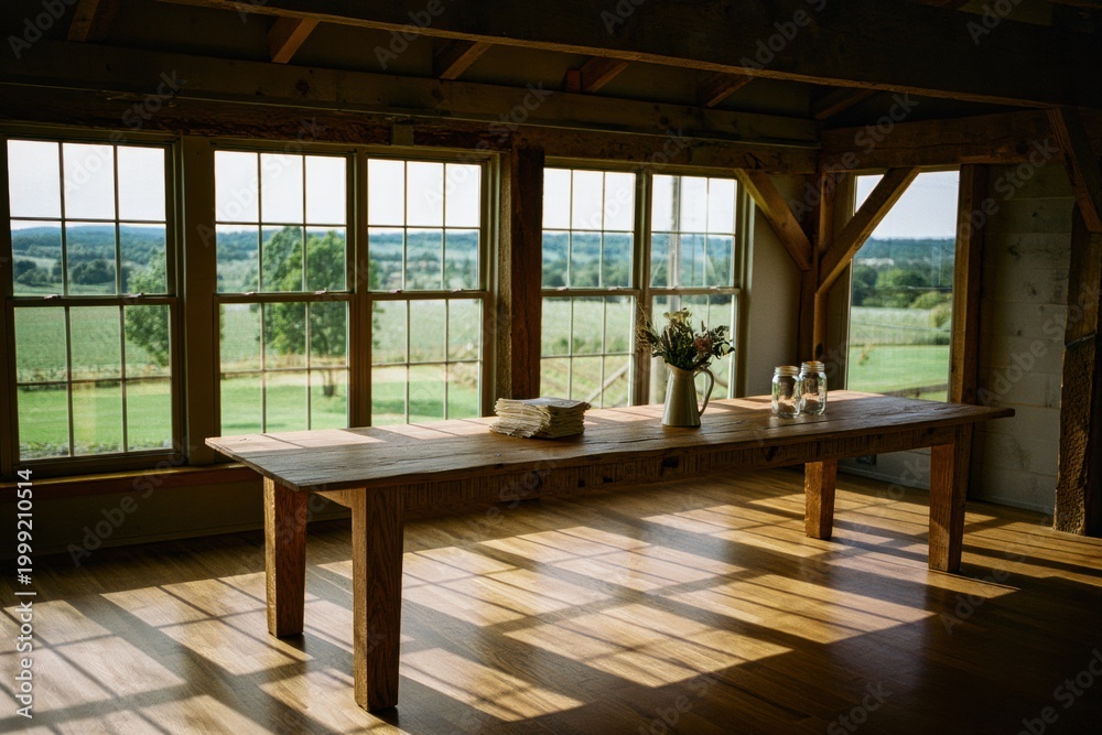 Fototapeta premium Rustic Farmhouse Table by Large Windows with Countryside View