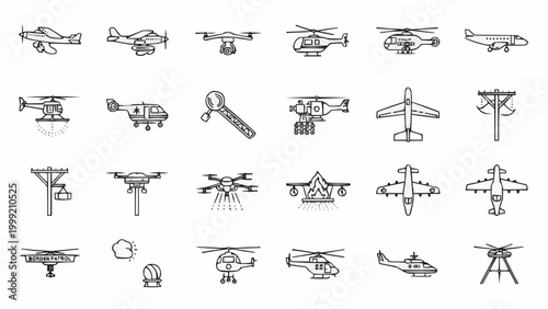 Tableau sur toile Collection of Hand Drawn Aircraft and Drone Icons.