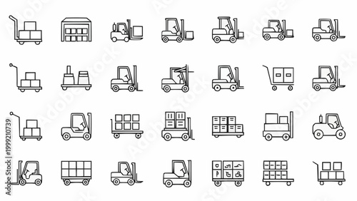 Tableau sur toile Collection of various forklift and cargo icons in a clean, minimalist line art style
