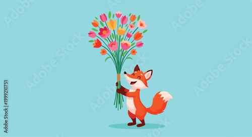 A cartoon fox holds colorful tulips