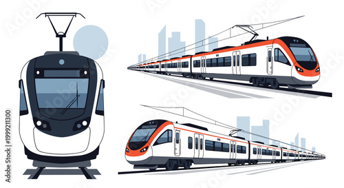 Multiple illustrations of a modern white and red high speed passenger train from front and side perspective views.