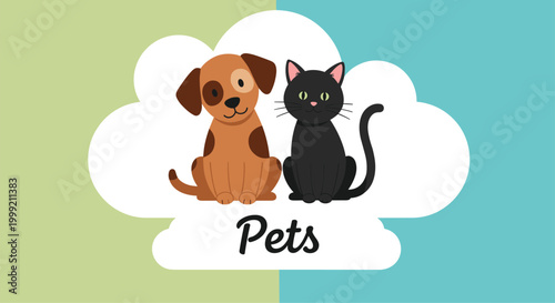 Friendly cartoon dog and black cat sitting together inside a white cloud shaped frame with pets text on a bi-color background.