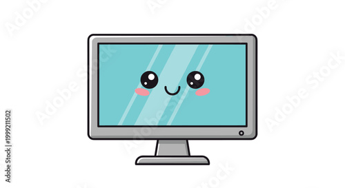 Adorable cartoon computer monitor with a sweet smiling face and rosy cheeks on a plain white background for cute tech design.
